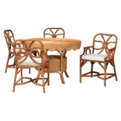 bali & pari Trevor 5-Piece Rattan Dining Set - Round Wicker Table with Scallop Edge and 4 Armchairs, Handwoven Boho Coastal Style for Dining, Kitchen or Sun Room, Light Honey Baxton Studio restaurant furniture, hotel furniture, commercial furniture, wholesale dining room furniture, wholesale dining set, classic dining set